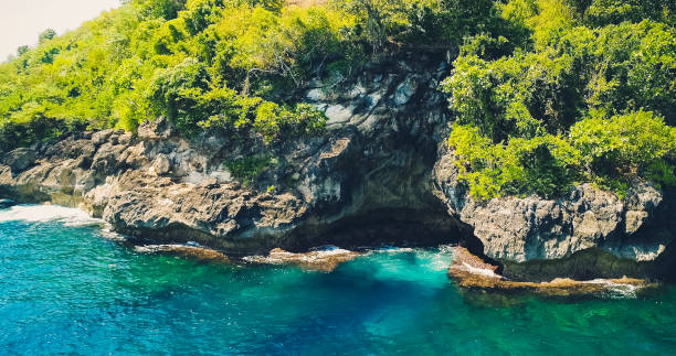istock Drone view ocean with waves hitting the rocks on the seashore 1143375816