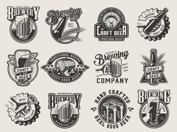 монохромные винтажные значки пивоварения - beer bottle beer bottle bottle cap stock illustrations