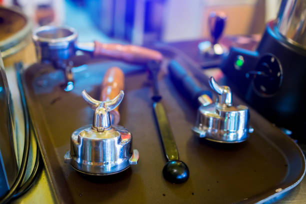 istock filter holder and equipment for espresso coffee machine In the brown tray 1143380164