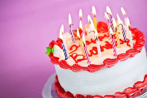 istock Birthday cake with lit candles 114338022