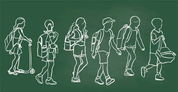 Vector illustration of School Kids Walking Chalkboard