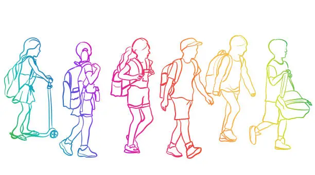 Vector illustration of School Kids Walking Rainbow