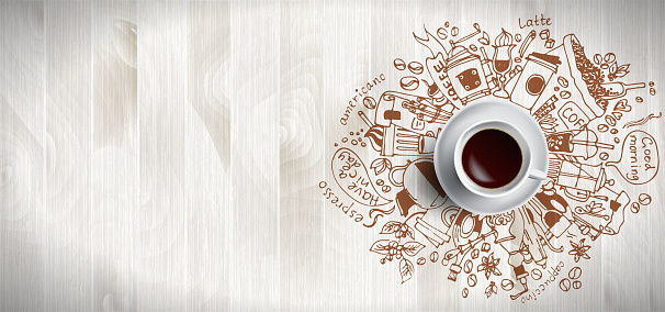 Coffee concept on wooden background - white coffee cup, top view with doodle illustration about coffee, beans, morning, espresso cafe, breakfast. Morning coffee vector illustration. Hand draw.