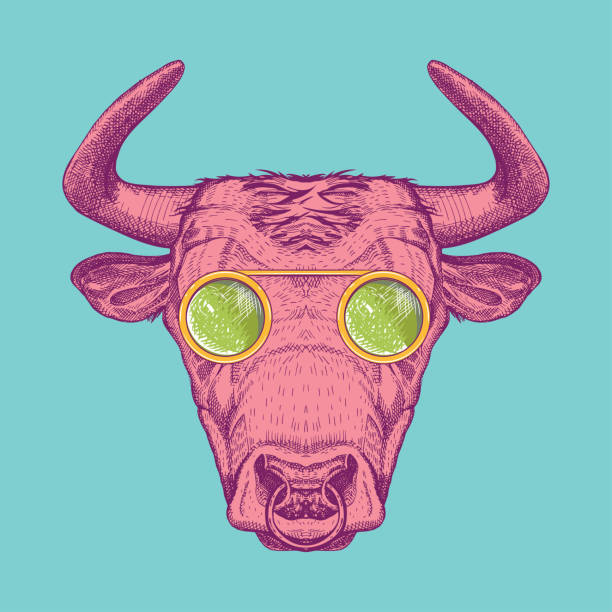 Vector image of a cow with glasses. Bull painted in pink on a turquoise background. Surrealism. T-shirt design.