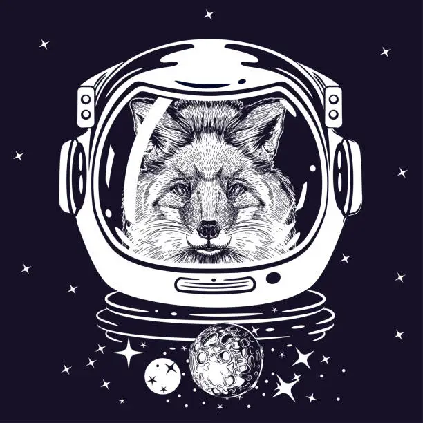 Vector illustration of Vector image of a fox in an astronaut's helmet. T-shirt design. Space illusttion.