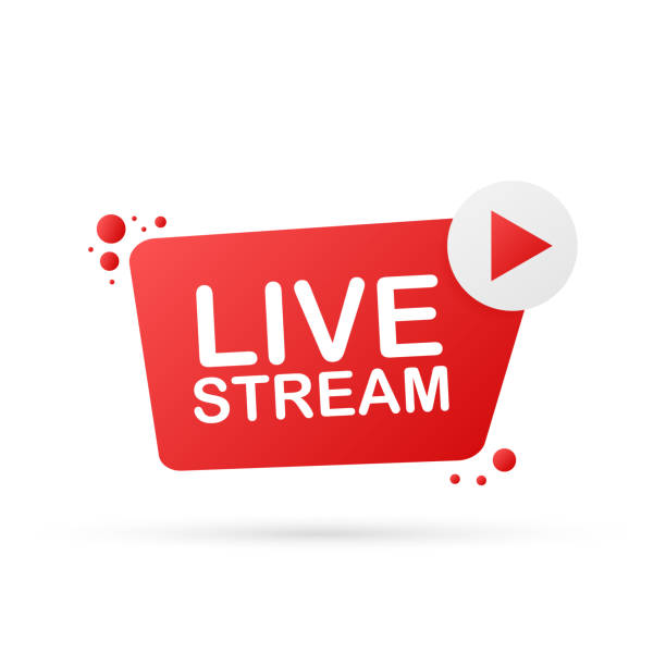 Live stream flat logo - red vector design element with play button. Vector illustration Live stream flat logo - red vector design element with play button. Vector stock illustration radio station logo stock illustrations