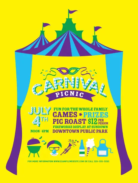 Vector illustration of Carnival Picnic Fourth of July Party Invitation with Circus Tent