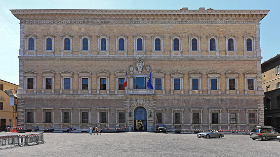 Rome, Italy - June 29, 2014: French Embassy Building Palace Farnese With Security Guards in Rome, Italy.