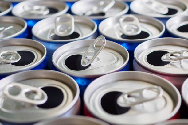 istock Empty aluminium drink cans recycling background concept 1143394196