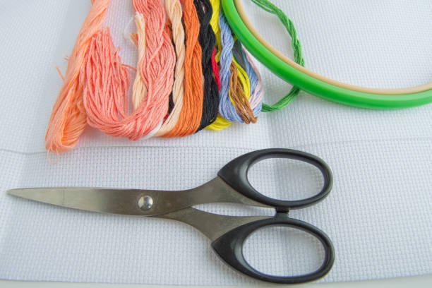 istock Scissors and bright colorful thread for embroidery thread on canvas. Handmade accessories on white background. Place for text, top view 1143396037