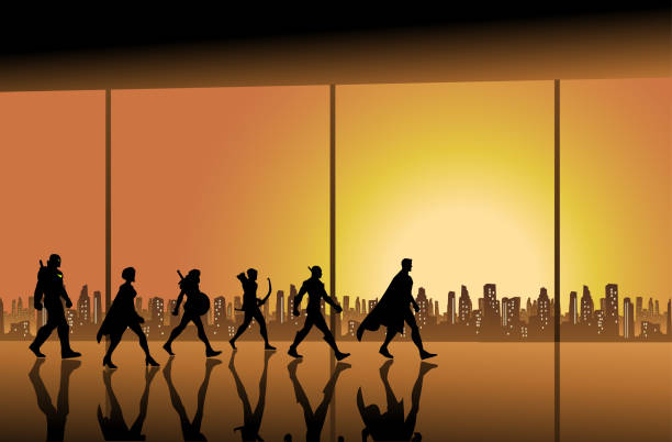 Vector Superhero Team Walking in a Hall with City Skyline Background A silhouette style vector illustration of a team of superheroes walking in a big hall with city skyline and sunset in the background. Wide space available for your text or copy. walking backgrounds stock illustrations