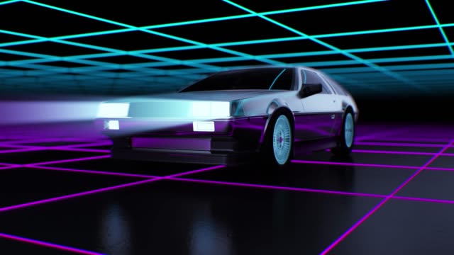 80s style Retro Futurism background with moving car 3d animation.