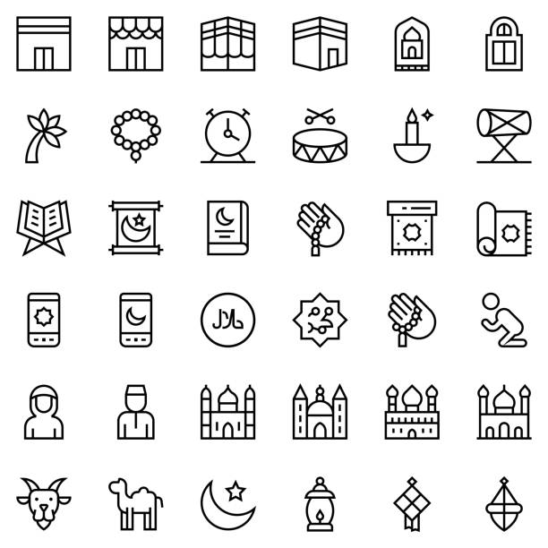 ilustrações de stock, clip art, desenhos animados e ícones de ramadan related vector icon set, line style - islam praying mosque ramadan