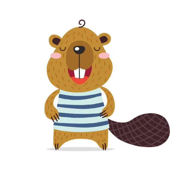 Vector illustration of Cute little beaver is smiling. Kavay brave furry beaver in a striped T-shirt. Forest, river, lake, pond. Flat hand drawn illustration kid's poster. Cartoon animal character set. Child theme.