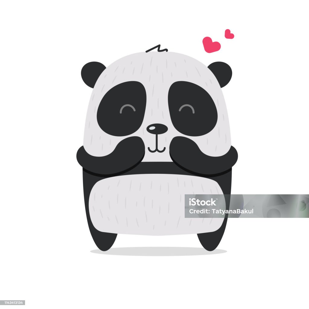 Cute little black and white Panda is smiling. Hugs from a warm fluffy kavay baby panda. Love and hearts. Flat hand drawn illustration kid's poster. Cartoon animal character set. Child theme. Agreement stock vector