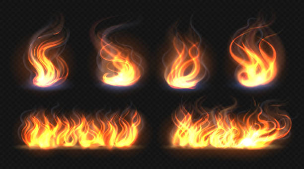 feuerflammen-effekt. realistische brennlinie auf schwarzem hintergrund, durchsichtige heiße orangenlichteffekte. vector candlelight feuersammlung - campfire coal burning flame stock-grafiken, -clipart, -cartoons und -symbole