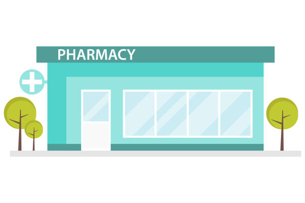 ilustrações de stock, clip art, desenhos animados e ícones de pharmacy, pharmacy facade. vector illustration of a pharmacy building isolated on white, vector. - miniature city isolated