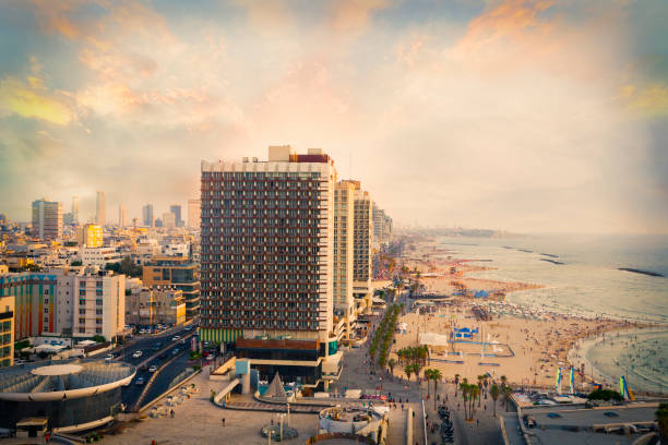 View of Tel Aviv beaches and hotels at sunset.