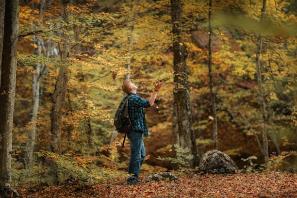 istock Man enjoys the leaves falling from the trees 1143416820