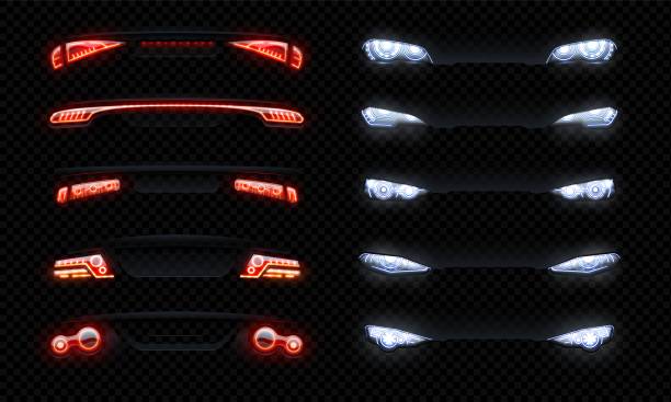 realistyczne reflektory samochodowe. przednie i rzadkie światła samochodowe led o różnych kształtach, czerwony ogon świecący efekt świetlny. zestaw vector 3d - headlight stock illustrations
