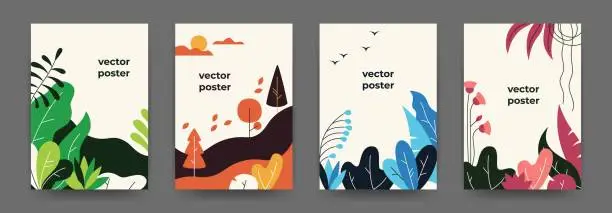 Vector illustration of Flat plant posters. Gradient abstract geometric banners with copy space floral frames, jungle leaves and plants. Vector cover design