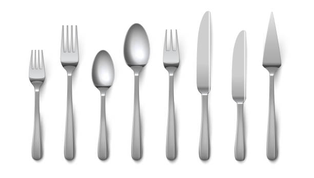 istock Realistic cutlery. Silverware fork knife spoon isolated on white background, stainless steel tableware. Vector metal top view cutlery 1143418827