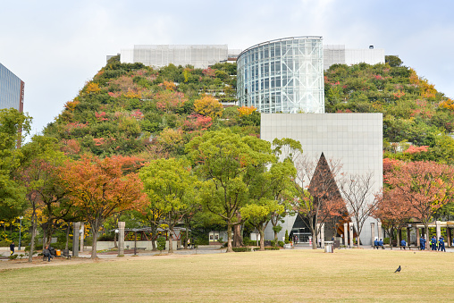 Fukuoka, Japan - November 25, 2018: ACROS international hall with the step garden on top is seen from the Tenjin central park, Fukuoka, Japan