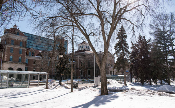 View of Canadian Parliament from the riverbank on a clear winter's day