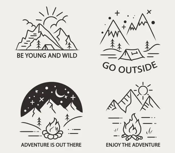Vector illustration of Mountain Camping Simple Line Illustration