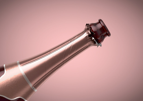 A pink bottle of champagne showing the open top and torn foil on an isolated pink background - 3D render