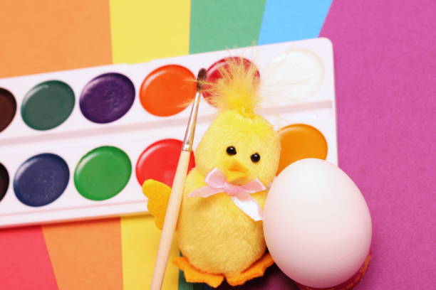 frohe ostern. gelbes spielzeughühnchen mit einem pinsel bereitet sich vor, um ein weißes hühnerei-aquarell zu malen. - baby chicken eggs young bird easter stock-fotos und bilder