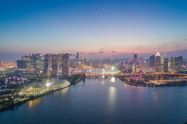 vue aérienne panoramique de la skyline de singapour et marina bay, la marina est le centre de l'économie à singapour, il ya ici tout le bâtiment de toutes les majors banque et d'assurance. - gardens by the bay photos et images de collection