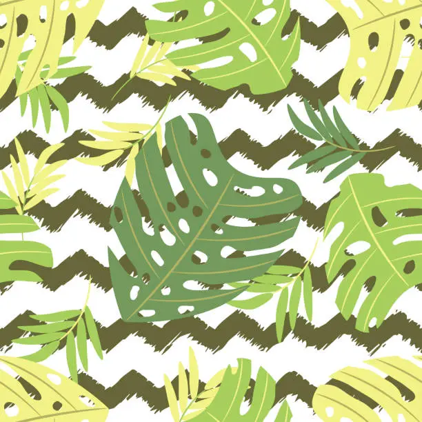 Vector illustration of Tropik Monstera leaves in natural green tones. Vector seamless illustration, zigzag lines background of is hand-drawn brush background. Summer pattern, plant world, jugli forest, tropical exotic plan