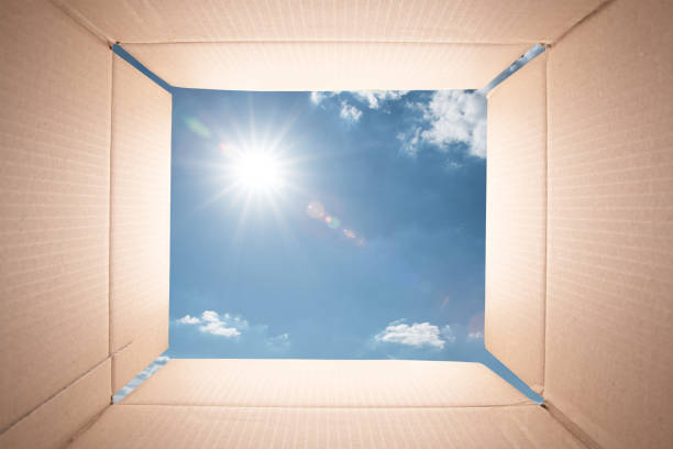 błękitne niebo oglądane od wewnątrz kartonowego pudełka. - corrugated cardboard moving house cardboard box zdjęcia i obrazy z banku zdjęć