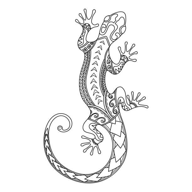 ilustraciones, imágenes clip art, dibujos animados e iconos de stock de diseño de lagarto polinesio dibujado a mano. tatuaje polinesio. estilo maorí. - guerrero azteca