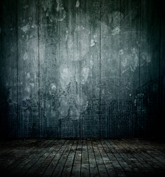 istock Empty room interior, old mottled concrete wall, dirty wooden floor 1143435050