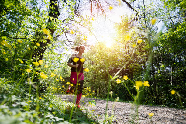 молодая спортивная женщина бег трусцой по лесу. - wood woods dirt road footpath стоковые фото и изображения