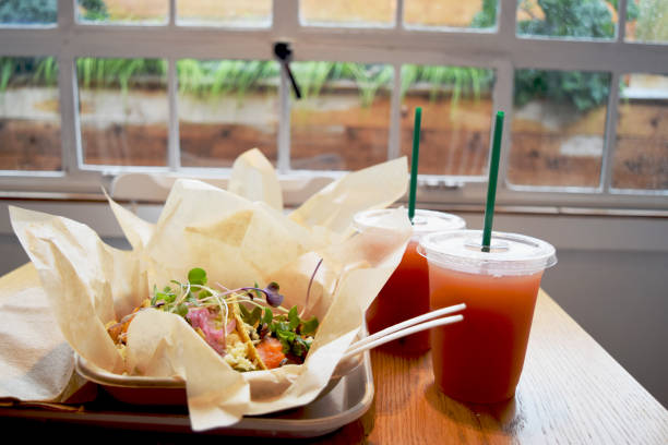 Vegetarian tacos and healthy juice drinks