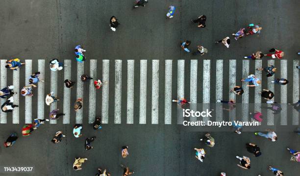 Aerial Pedestrian Crowd Crossing Top View Stock Photo - Download Image Now - People, Aerial View, City