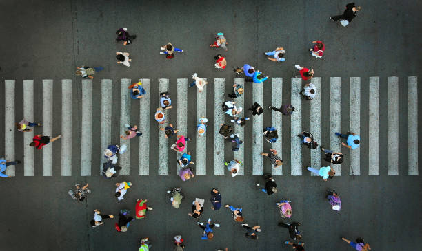 istock Pedestrian crowd crossing crosswalk, top view. 1143439048