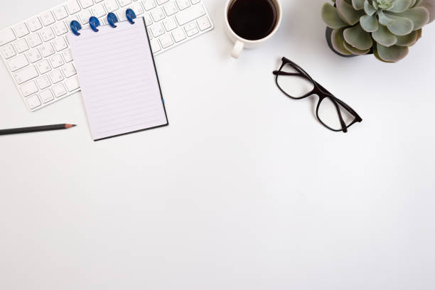 istock Office desk table with supplies. Flat lay Business workplace and objects. Top view. Copy space for text - Image 1143444646