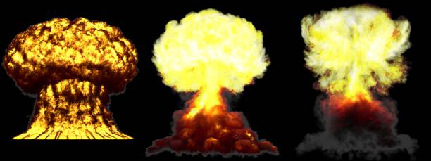 istock 3D illustration of explosion - 3 huge very detailed different phases mushroom cloud explosion of atom bomb with smoke and fire isolated on black 1143447602