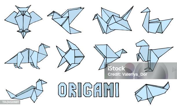 Origami Animals Hand Drawn Doodle Set Stock Illustration - Download Image Now - Dinosaur, Origami, Animal