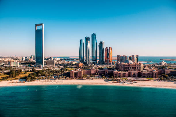 Famous Abu Dhabi skyscrapers captured from a helicopter above a downtown area stock photo