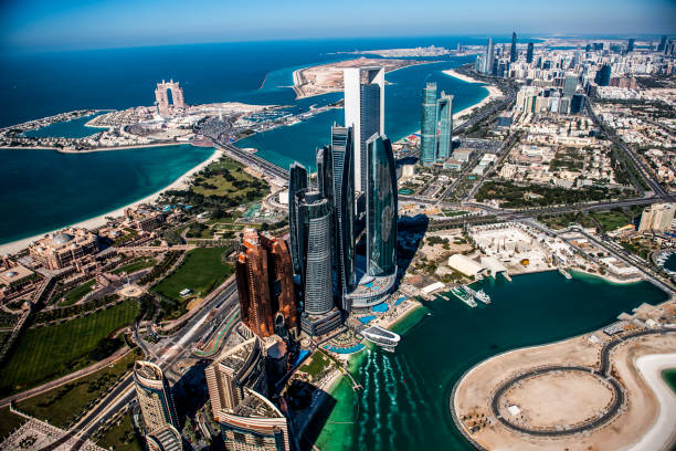Beautiful aerial vista of the famous Abu Dhabi skyscrapers, taken from a helicopter, United Arab Emirates stock photo