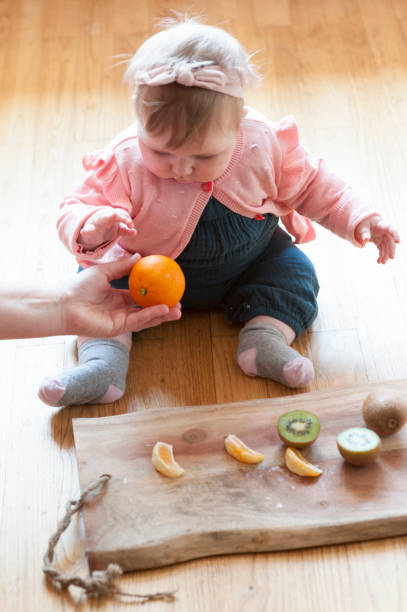 istock baby seems interested in a tangerine 1143453537
