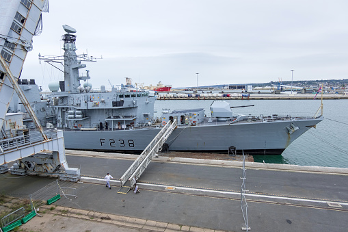 Cherbourg, France - August 26, 2018: HMS Northumberland is a Type 23 frigate of the Royal Navy in the port of Cherbourg-Octeville. Normandy, France