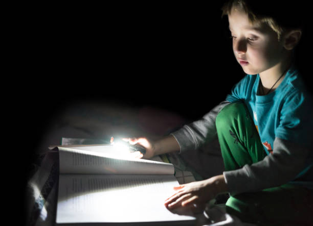 istock Fun boy reading a book with flashlight in the hand at home at night 1143460663