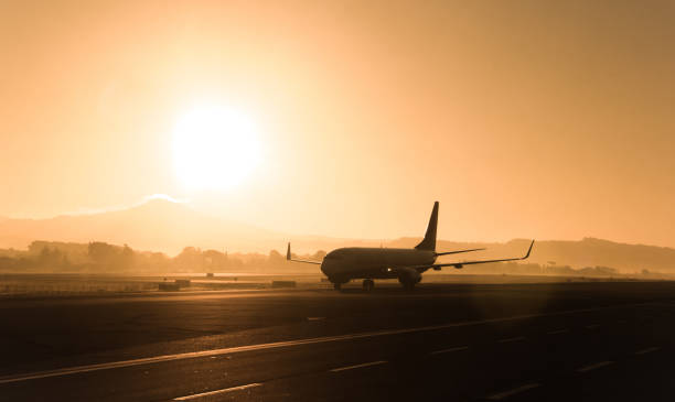 istock Passenger airplane on the evening, sunset background. 1143463019