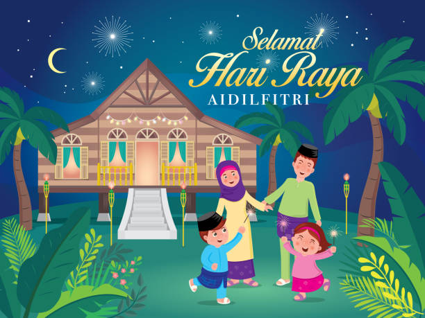 hari raya vector illustration with cute muslim family having fun with sparklers and traditional malay village house. Malay word "selamat hari raya aidilfitri" that translates to wishing you a joyous hari raya. hometown stock illustrations